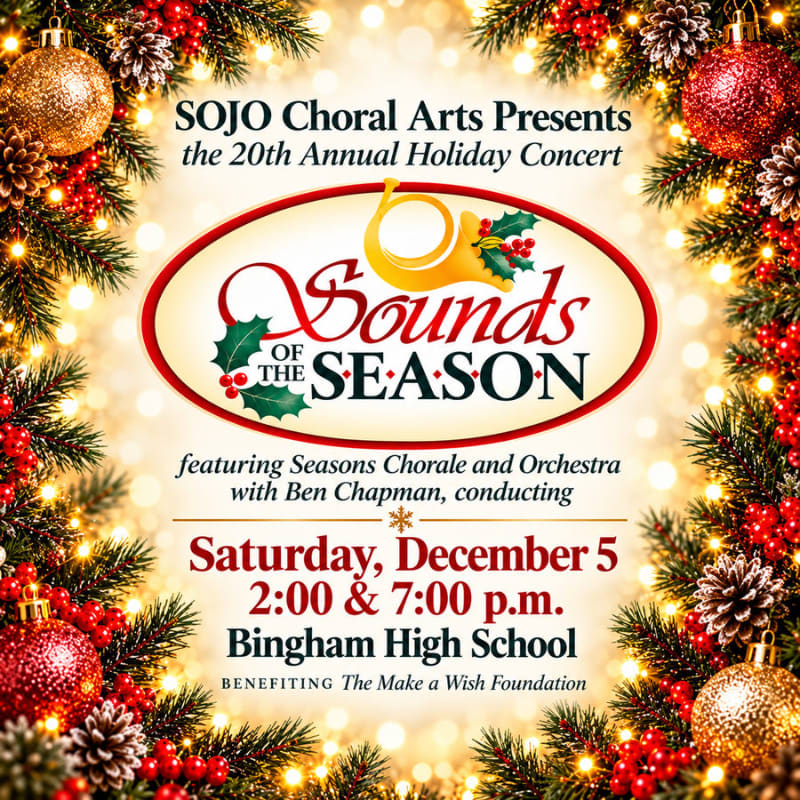 A holiday concert announcement for "Sounds of the Season" is centered in the foreground, framed by a festive border of pine branches, red berries, and gold and red ornaments against a glowing, bokeh background.