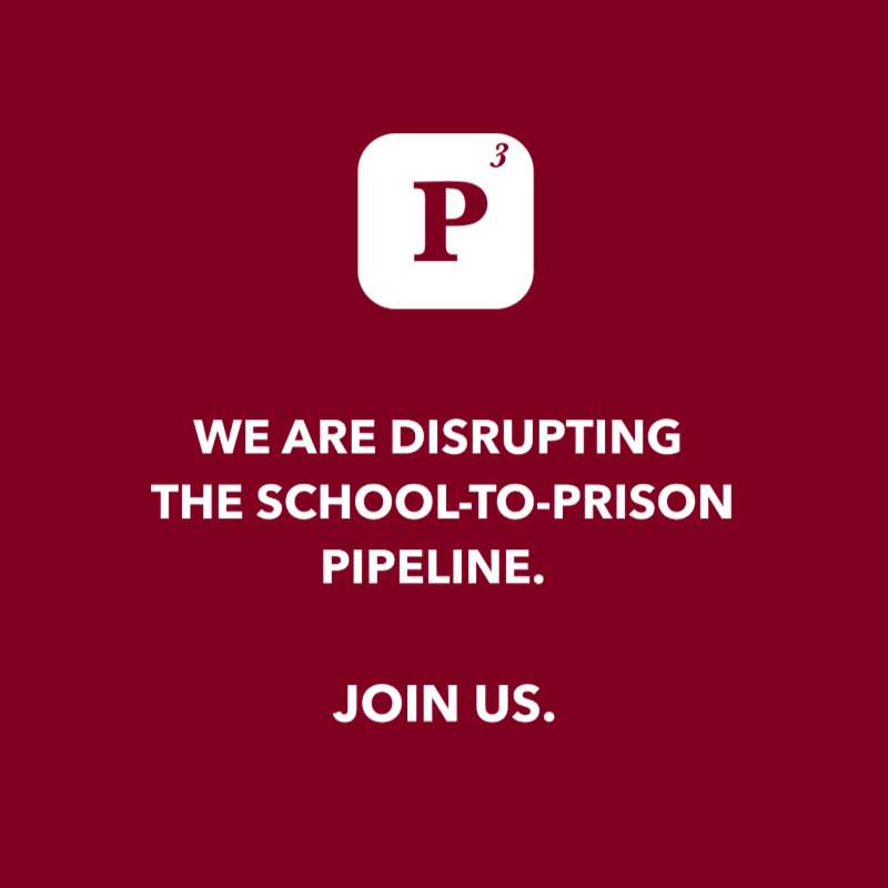 White text and a logo featuring a "P" with a superscript "3" are centered on a solid dark red background.