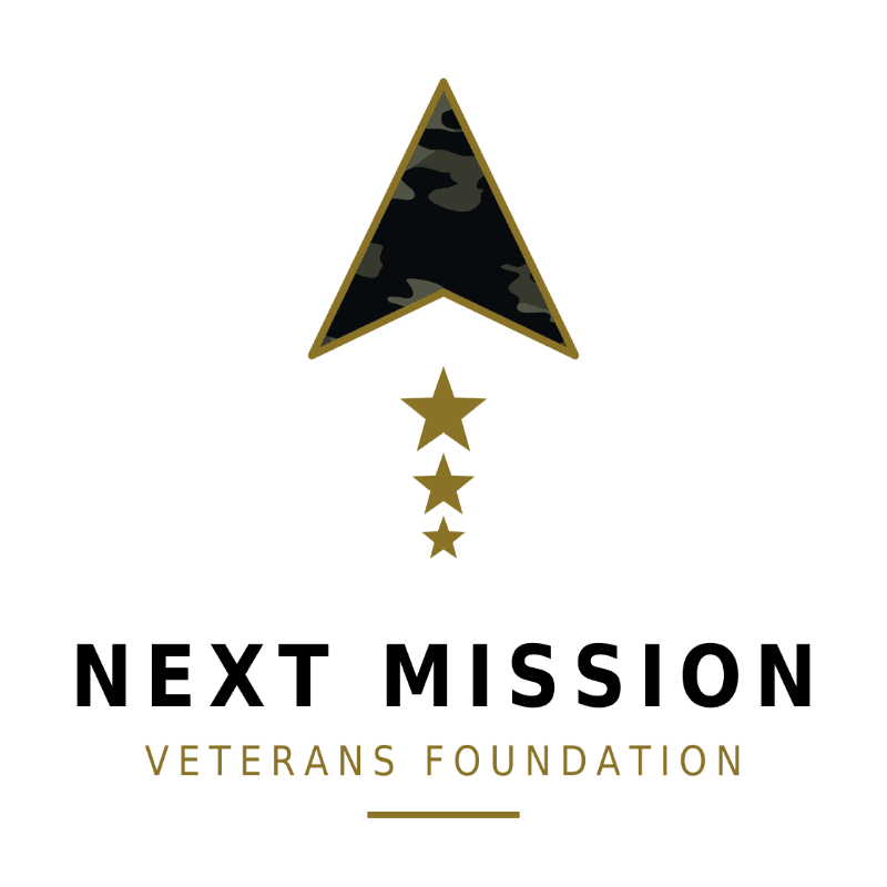 A camouflage-filled arrowhead and three gold stars sit above the text "NEXT MISSION VETERANS FOUNDATION" against a plain white background.
