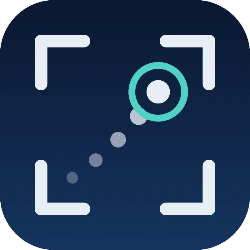A teal circular target and a trail of dots are centered within white corner brackets against a dark blue background.