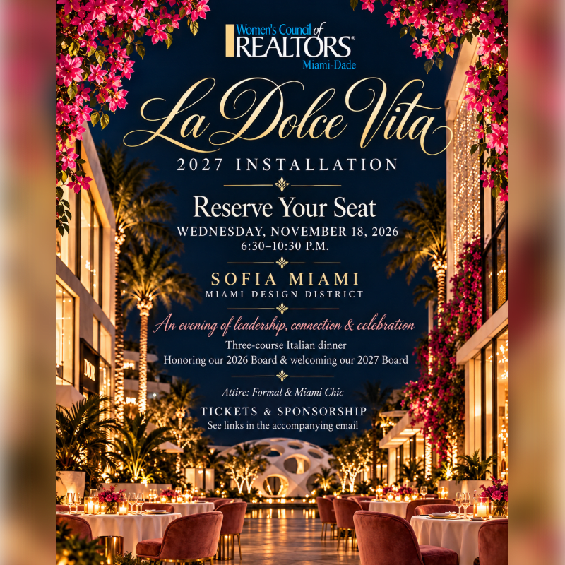 An event invitation for "La Dolce Vita" features elegant gold text in the foreground, set against a background of a luxurious outdoor dining area with palm trees and pink flowers.