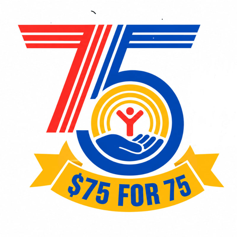 A stylized red and blue number "75" containing a hand and human figure icon sits above a yellow banner reading "$75 FOR 75" against a plain white background.