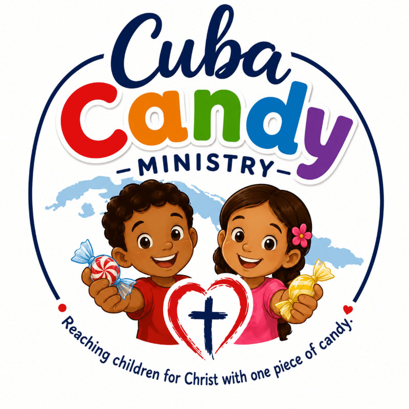 Two smiling children holding pieces of candy stand before a heart with a cross, set against a background featuring a map of Cuba and the text "Cuba Candy Ministry."