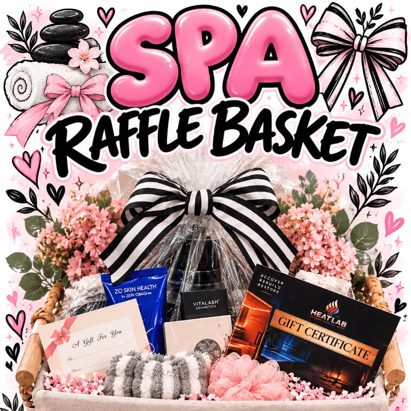 A spa raffle basket filled with skincare products and a gift certificate sits in the foreground against a pink background featuring stylized text and spa illustrations.