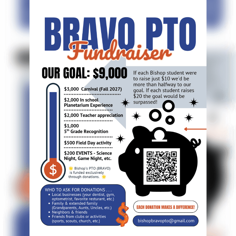 A fundraising flyer for Bravo PTO features a goal thermometer and a piggy bank with a QR code in the foreground against a clean white background.