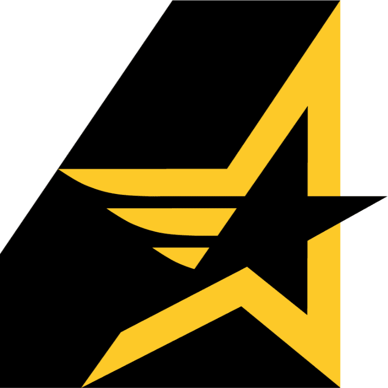 A black and yellow stylized star with wings is set against a white background.