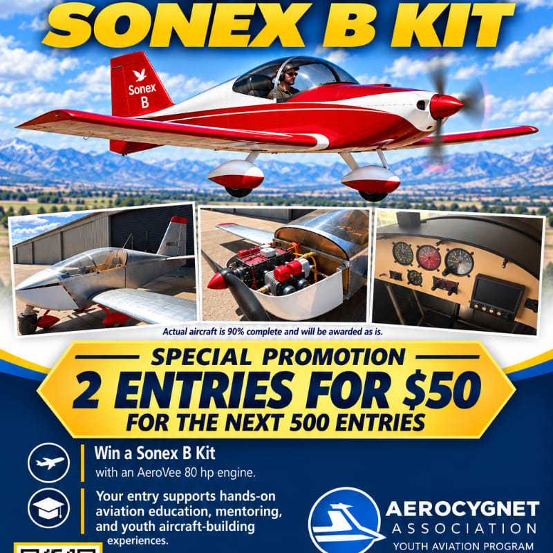 A red and white Sonex B aircraft flies over a mountainous landscape, with smaller inset photos of the plane's construction and cockpit above a yellow promotional offer.