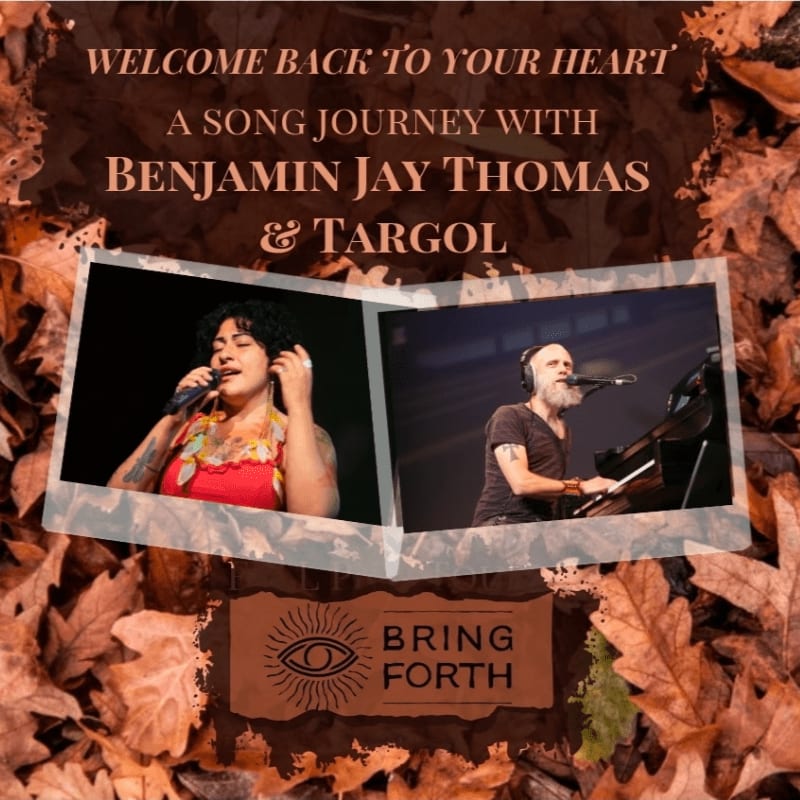 Two photos of musicians performing are centered over a background of autumn leaves, with event text above and a "Bring Forth" logo below.