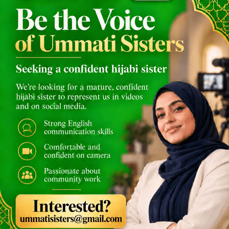 A smiling woman wearing a navy blue hijab and white blazer stands in the foreground against a green background featuring recruitment text and a blurred indoor setting.