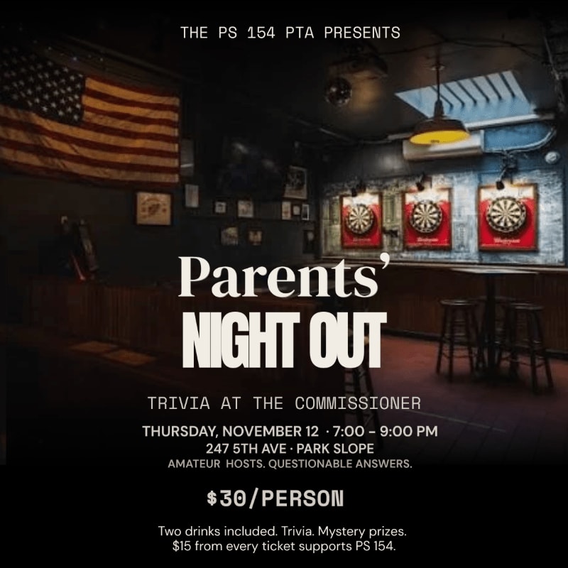 White text announcing a "Parents' Night Out" trivia event is overlaid on a dimly lit bar interior featuring an American flag and dartboards.