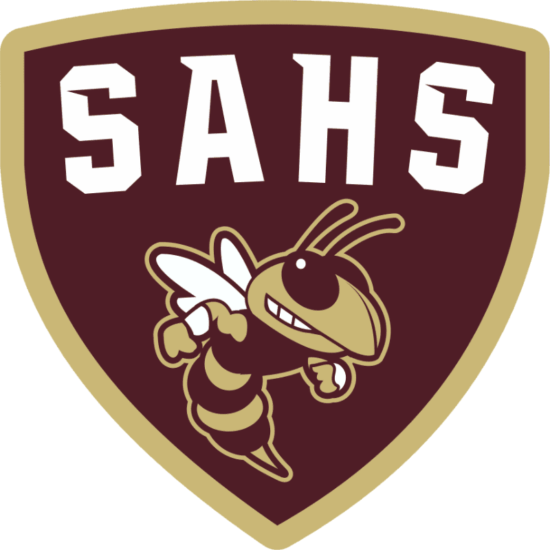 A cartoon bee is positioned in the foreground against a maroon shield background featuring the white text "SAHS".