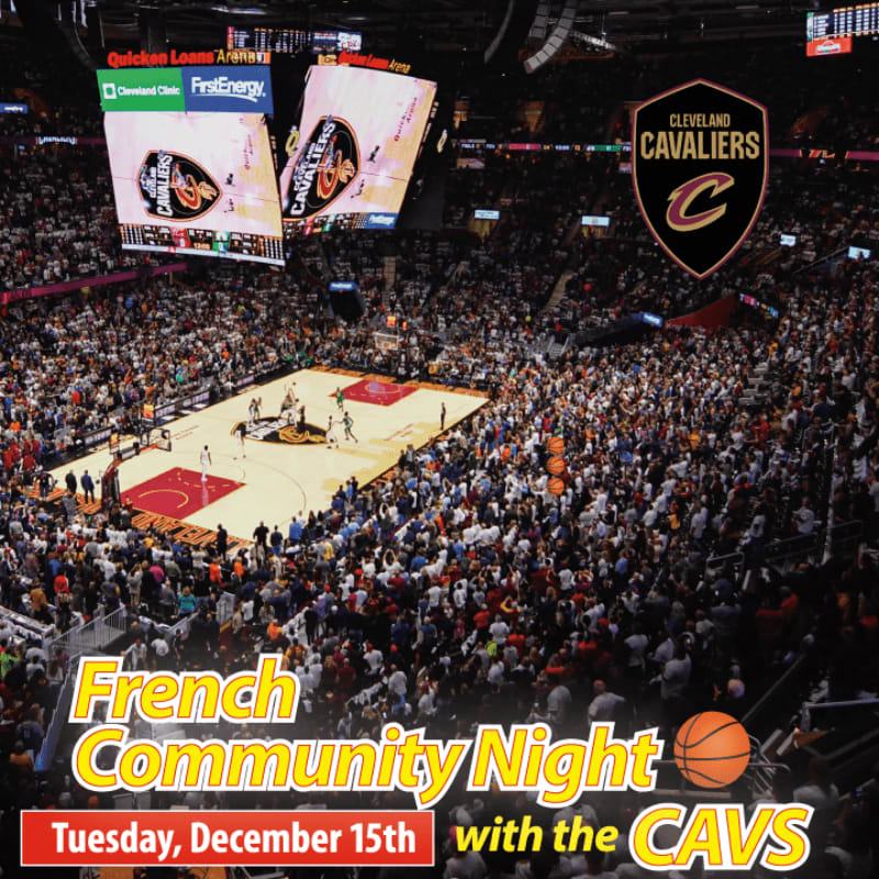 Text announcing "French Community Night" overlays a wide shot of a crowded basketball arena with a game in progress on the court.