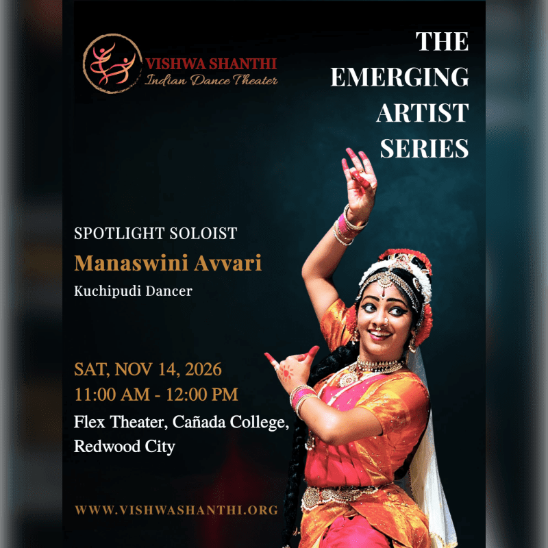 A Kuchipudi dancer in traditional attire poses in the foreground against a dark background featuring event details and the "The Emerging Artist Series" title.