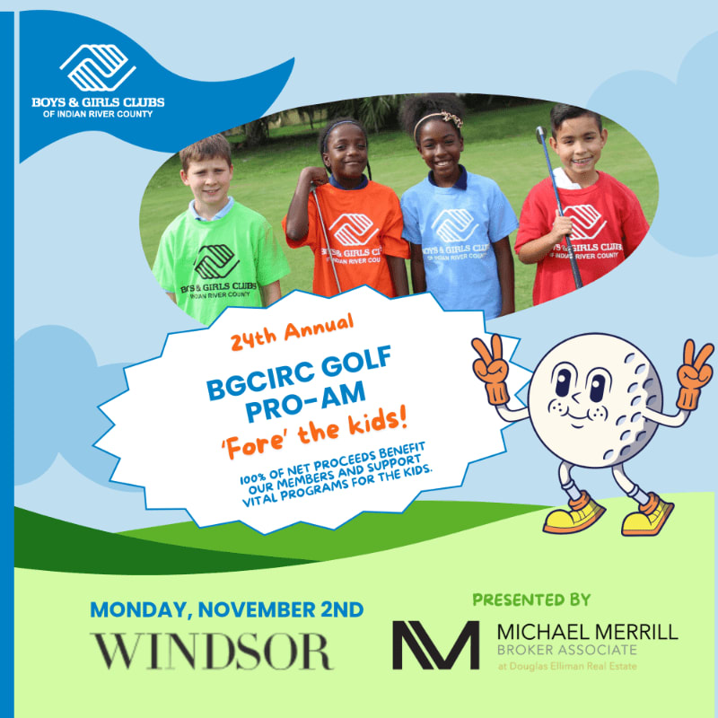 Four children in colorful shirts stand in the foreground of a promotional flyer featuring a cartoon golf ball and a light blue sky background.
