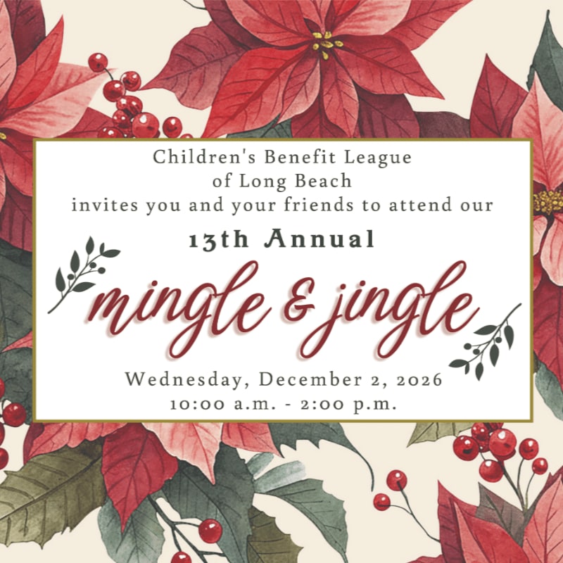 A white invitation card for the "Mingle & Jingle" event sits in the foreground, surrounded by a background of red poinsettias and berries.