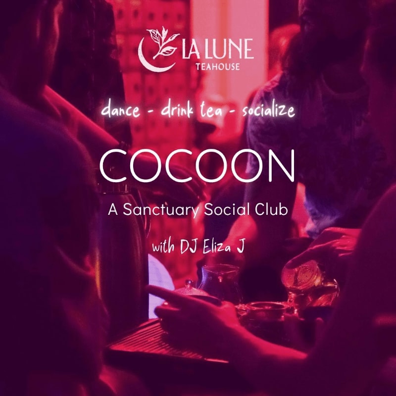 Text promoting "COCOON A Sanctuary Social Club" is overlaid on a dimly lit, purple-hued scene of people socializing and drinking tea.