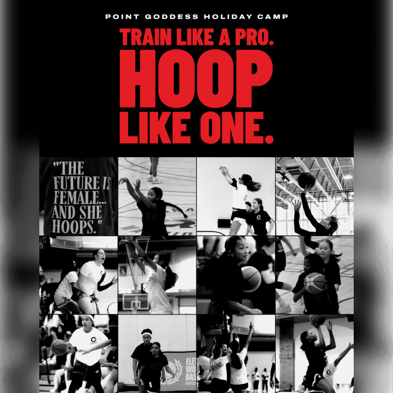 Bold red and white text promoting a basketball camp sits above a grid of black and white action photos of female athletes playing basketball.
