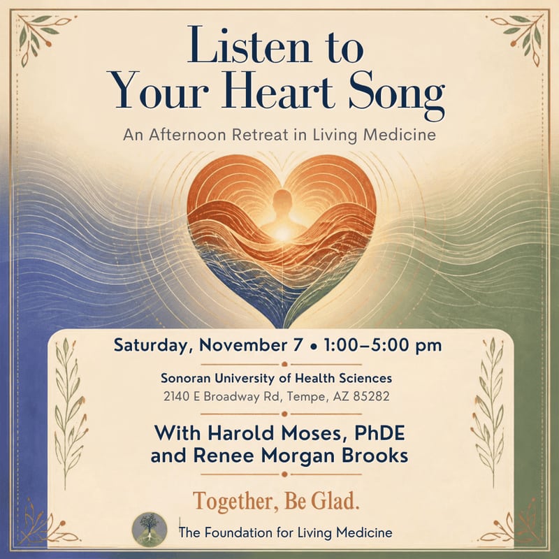 An event flyer for "Listen to Your Heart Song" features a heart-shaped illustration of a person meditating in the center, set against a background of flowing blue and green waves.