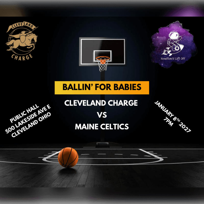 A basketball sits on a dark court in the foreground, with a basketball hoop and event text for "Ballin' for Babies" set against a black background.