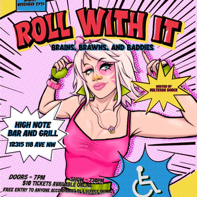 A stylized woman in a pink dress stands in the foreground against a vibrant, comic-book style background featuring bold text and event details.