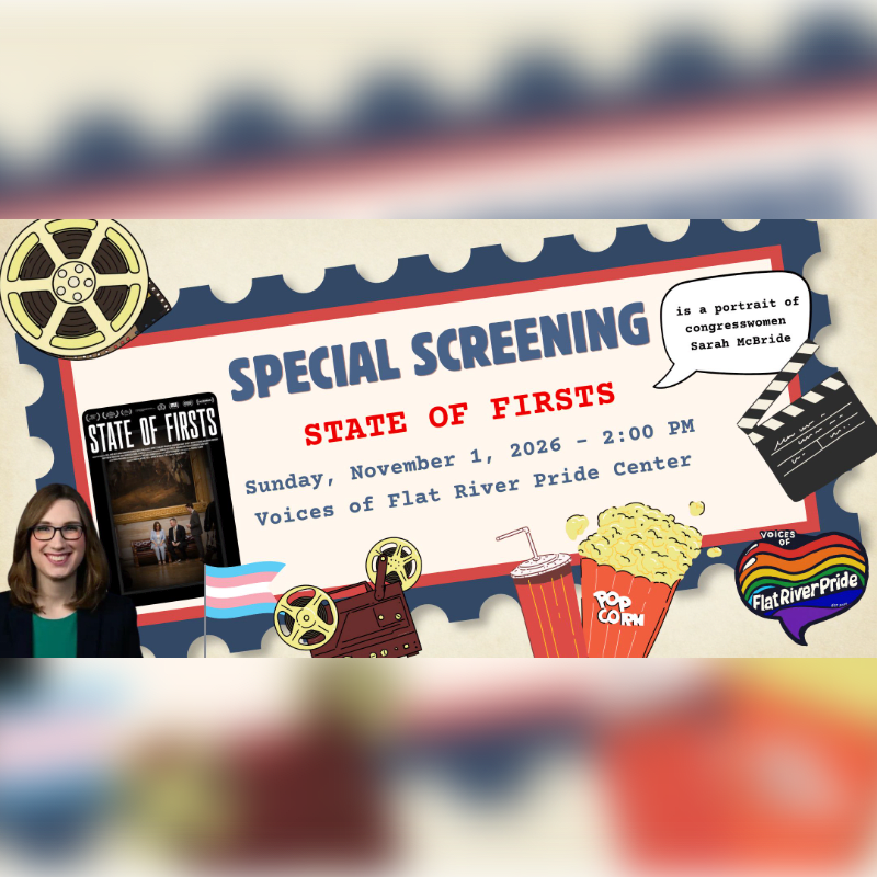 A promotional flyer for a special screening of "State of Firsts" features movie-themed graphics like a film reel, popcorn, and a clapperboard in the foreground against a light-colored, textured background.