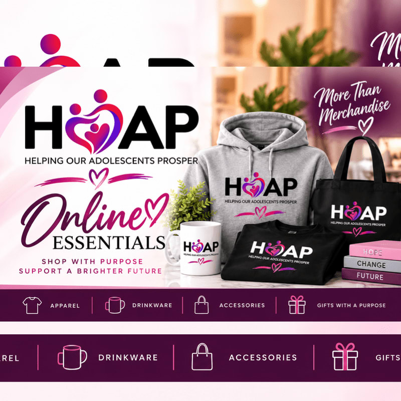Branded HOAP merchandise, including a hoodie, t-shirt, mug, and tote bag, is displayed in the foreground against a blurred indoor background.