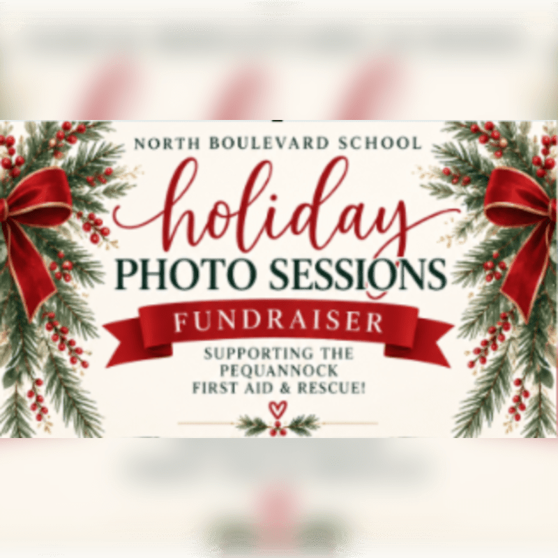 A holiday fundraiser flyer for North Boulevard School photo sessions features red ribbons and evergreen branches in the foreground against a plain white background.
