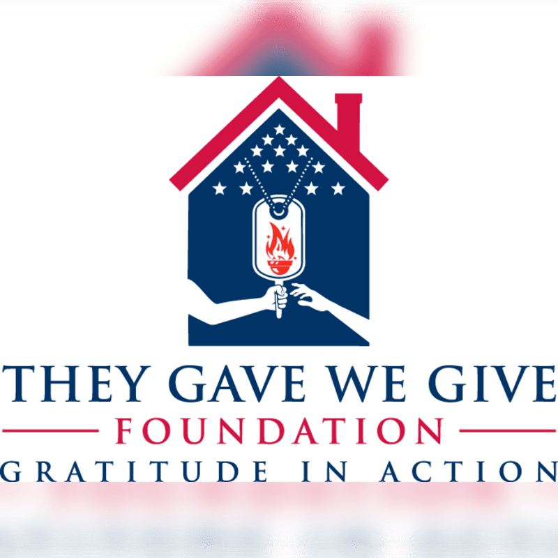 A logo for the "They Gave We Give Foundation" features a house silhouette containing an IV bag with a flame, set against a white background with blurred red and blue accents.