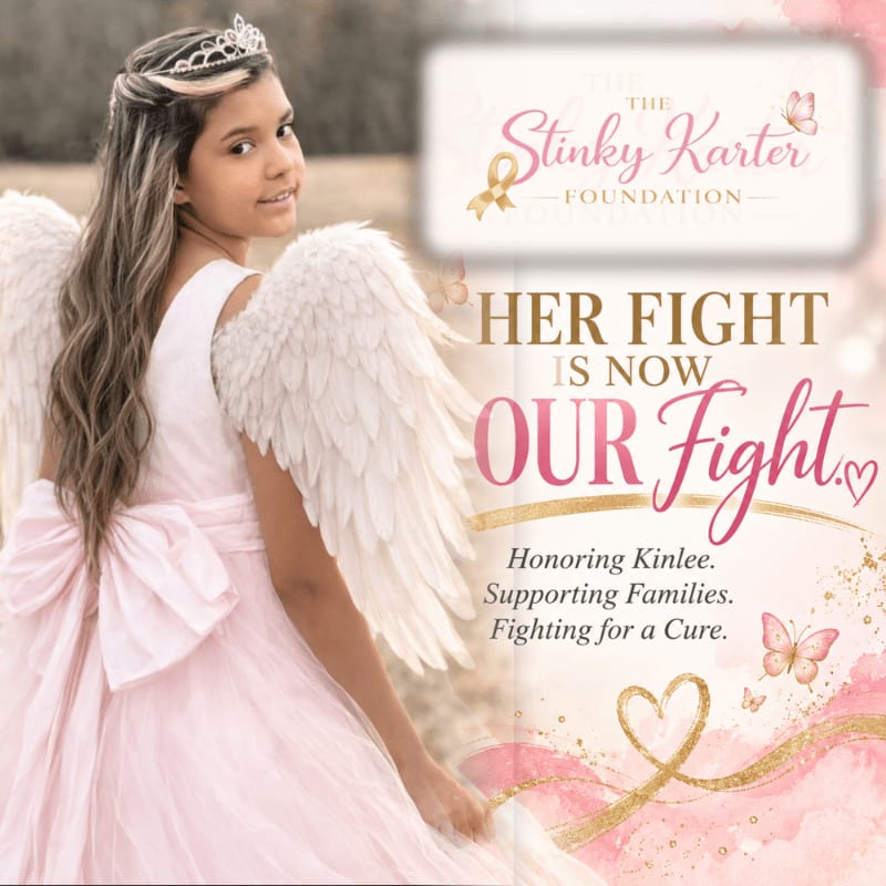 A young girl dressed as an angel in a pink gown and tiara stands in the foreground against a soft, blurred outdoor background with overlaid text and graphics for The Stinky Karter Foundation.