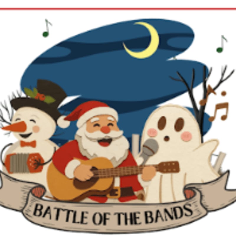A snowman with an accordion, Santa Claus with a guitar, and a ghost with a microphone perform together under a crescent moon in a dark blue night sky.