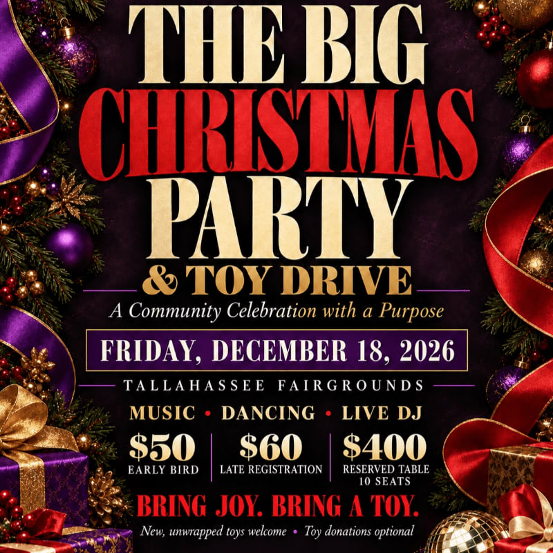 Bold text announcing "The Big Christmas Party & Toy Drive" sits in the foreground against a dark background framed by festive holiday ornaments and ribbons.