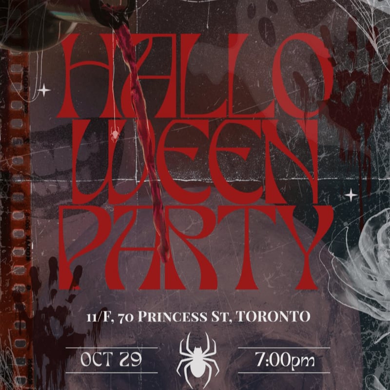 Bold red text reading "HALLOWEEN PARTY" and event details sit in the foreground over a dark, eerie background featuring blood drips, a spider, and a ghostly figure.