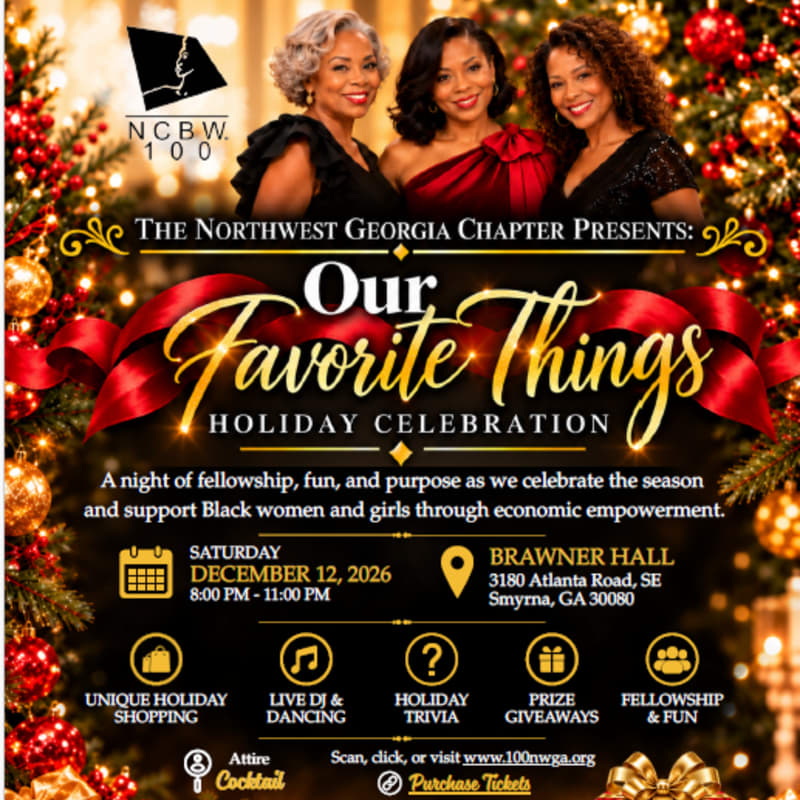Three women smile in the foreground of a holiday event flyer, set against a festive background of glowing Christmas lights and ornaments.