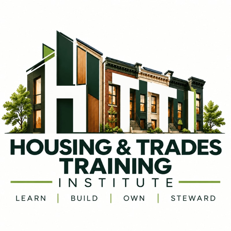 A row of modern and traditional townhouses sits above the text "HOUSING & TRADES TRAINING INSTITUTE" against a plain white background.