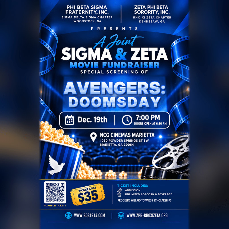 A movie fundraiser flyer for "Avengers: Doomsday" features a popcorn bucket and film reels in the foreground against a dark blue background framed by cinematic film strips.