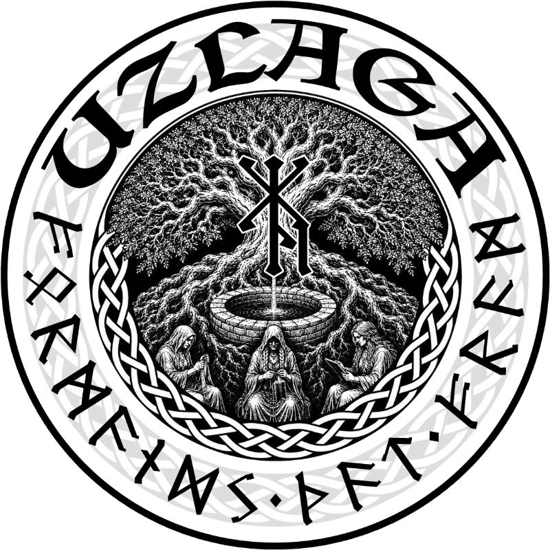 Three hooded figures sit around a stone well in the foreground, set against a backdrop of a large, intricate tree and a circular border containing runic text.