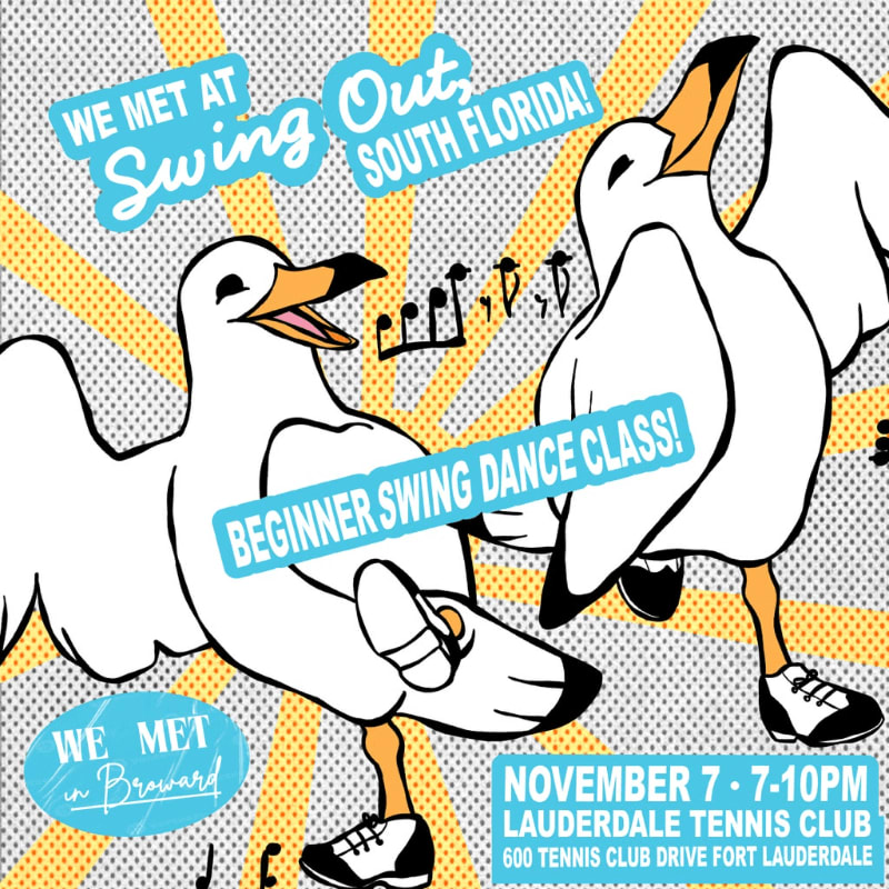Two dancing seagulls wearing sneakers are featured in the foreground against a background of yellow sunburst rays and promotional text for a swing dance class.