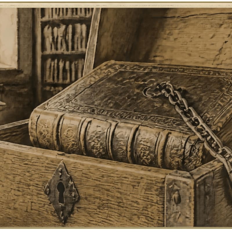 A chained, leather-bound book rests inside a wooden chest with a bookshelf in the background.
