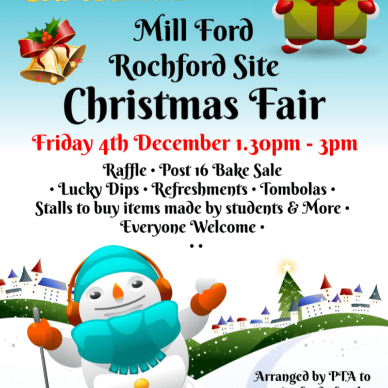 A festive Christmas Fair flyer features a cheerful snowman in the foreground against a background of a snowy village and event details.