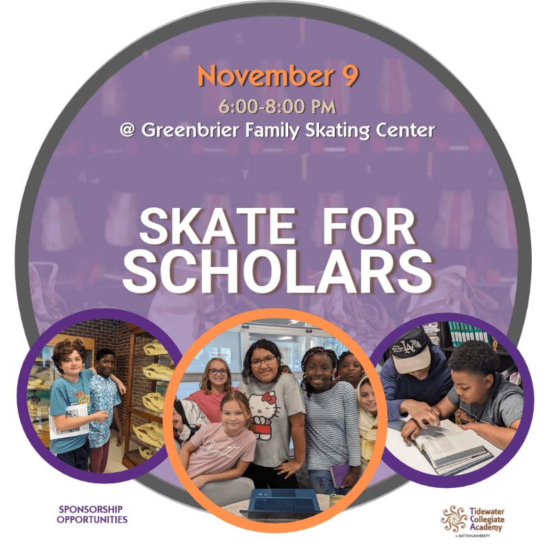 Text announcing a "Skate for Scholars" event on November 9th is layered over a purple background of skates, with three circular photos of students in the foreground.