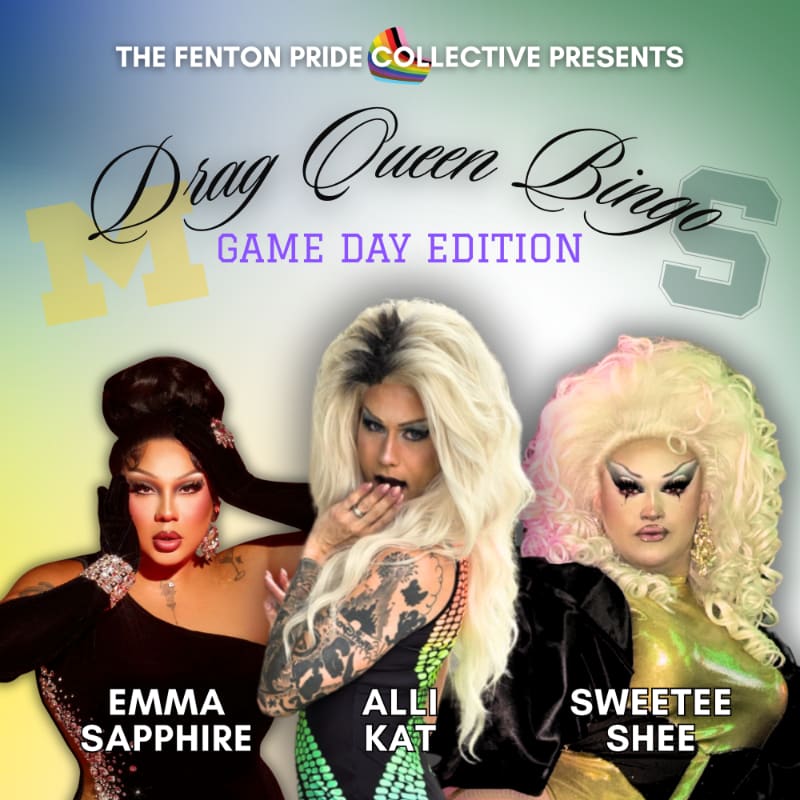 Three drag queens stand in the foreground against a light-colored background featuring event text and large decorative letters.