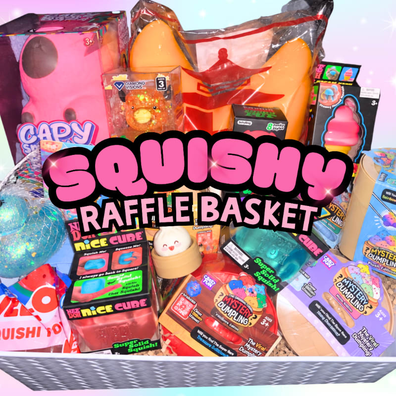 A variety of colorful squishy toys and mystery boxes fill a basket in the foreground, set against a soft, glowing light background.