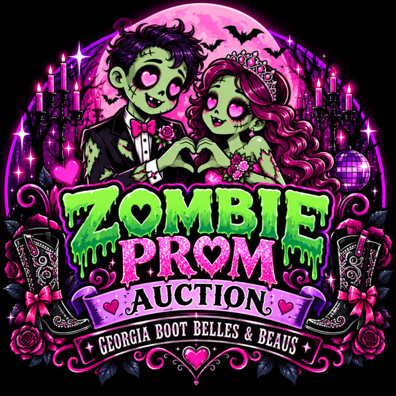 A zombie couple forms a heart with their hands in the foreground, set against a backdrop of a pink full moon, bats, and gothic candelabras.