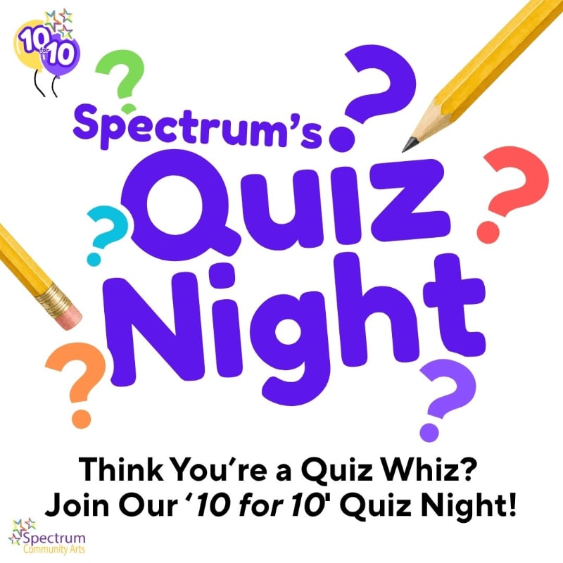 Bold purple text announcing "Spectrum's Quiz Night" is surrounded by colorful question marks and pencils against a plain white background.