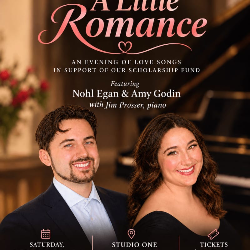 A smiling man and woman stand in the foreground of a concert poster, with a grand piano and red flowers blurred in the background.