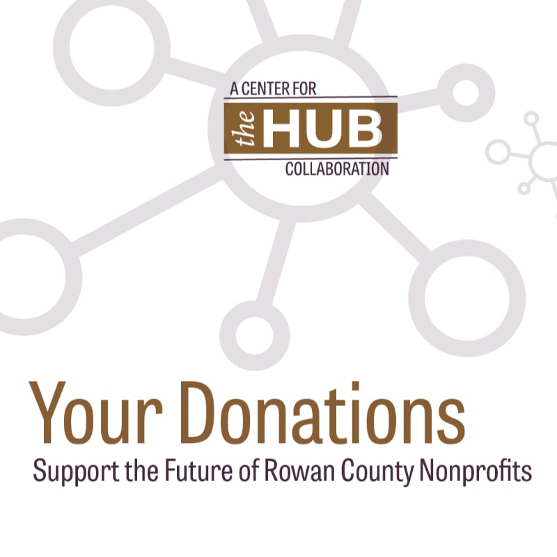 The text "Your Donations Support the Future of Rowan County Nonprofits" sits in the foreground against a white background featuring a logo for "The HUB Collaboration" and a light grey network of connected circles.