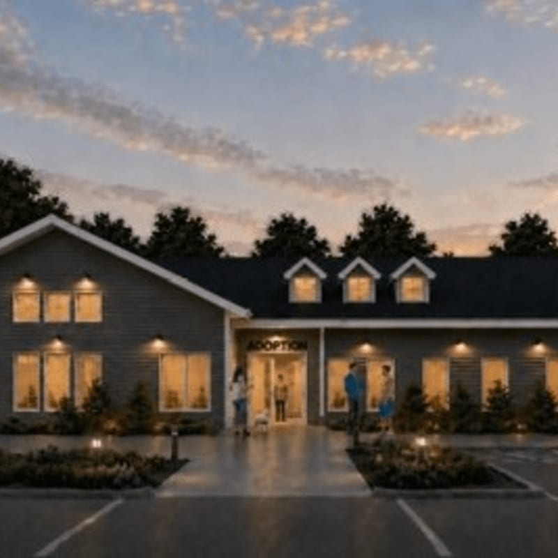 A modern adoption center with glowing windows stands in the foreground under a soft, cloudy twilight sky.