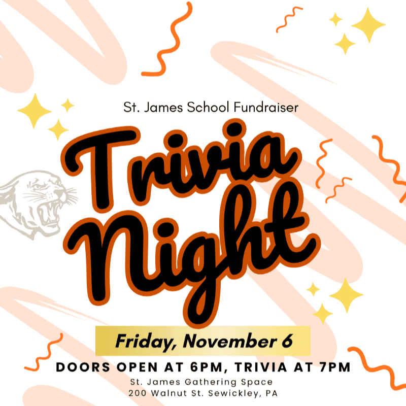 Bold orange and black "Trivia Night" text for a St. James School Fundraiser is centered over a white background decorated with peach brushstrokes, orange squiggles, and yellow stars.