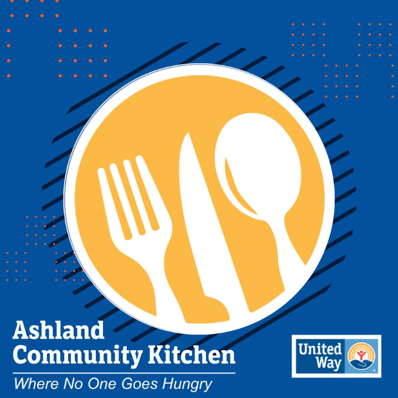 A white fork, knife, and spoon are centered within a yellow circle against a blue background featuring dotted patterns and the text "Ashland Community Kitchen" and "United Way."