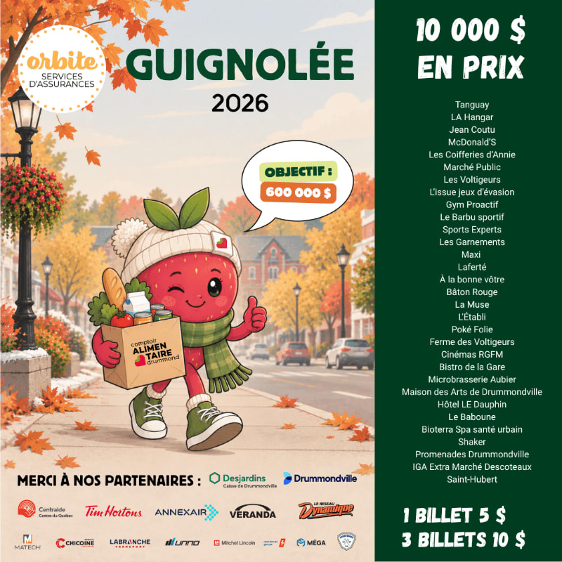 A cheerful strawberry character stands in the foreground of a colorful autumn street scene, surrounded by event text and a list of sponsors.